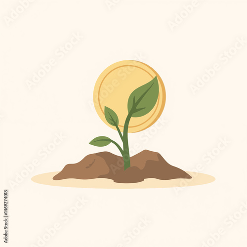 Coin Sprouting from Soil with Green Plant for Investment Growth Concepts, Financial Education, Savings Awareness, and Business Illustrations