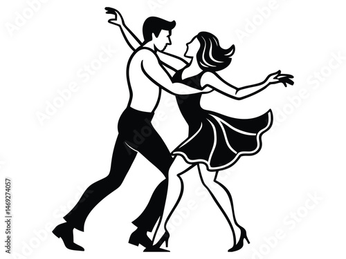 Couple dancing spinning vector silhouette. Passionate couple dancers performing a spinning move silhouette