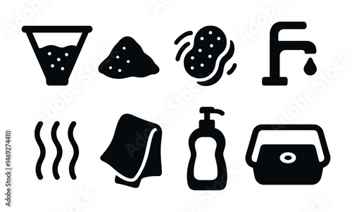 Cleaning and hygiene solid icons set – flat, filled, sanitation and cleanliness symbols