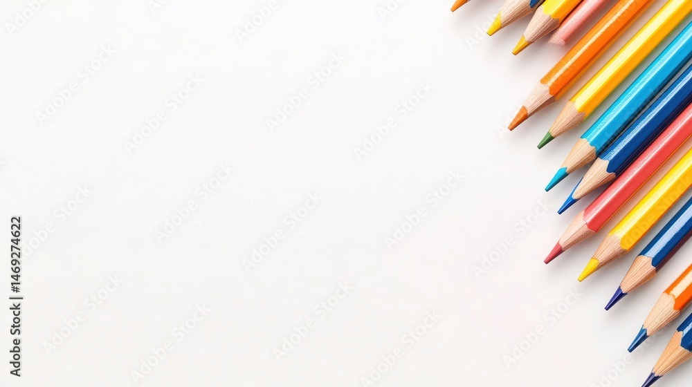 Fototapeta premium A collection of colorful pencils arranged neatly on a white background, showcasing a variety of hues and sizes in a vibrant, artistic style.