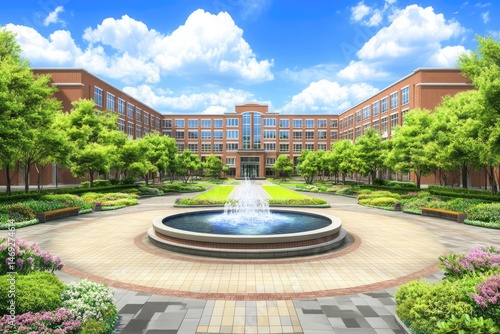 School campus courtyard with fountain