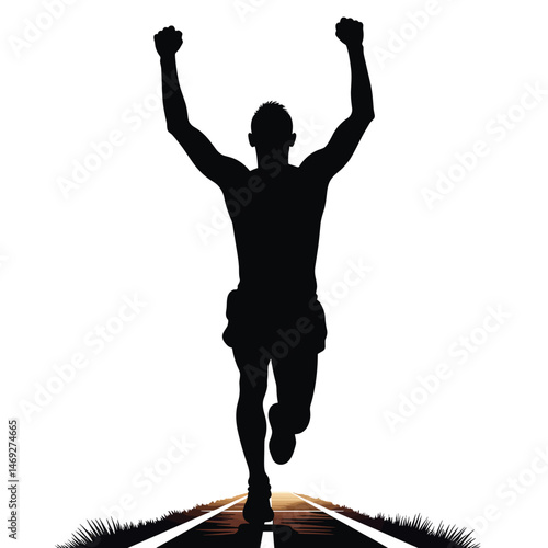 Runner silhouette celebrating victory on a road background  