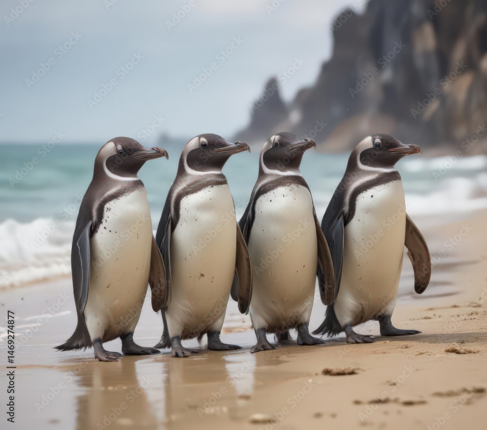 Obraz premium Group of Humboldt penguins standing on the beach , wildlife, colony, humboldt penguin