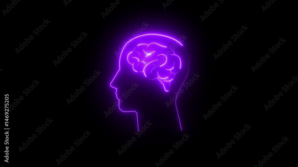 glowing neon human brain icon animation. black background. human brain with neon .4k motion graphic video. glowing neon human brain icon animation. black background. human brain with neon .4k motion graphic video.