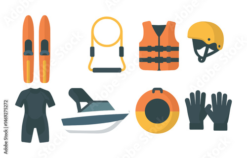 Water sports flat icons set – aquatic, recreational, boating equipment graphics