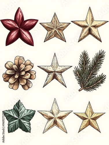 A collection of nine hand-drawn illustrations featuring five stars, a pine cone, a holly leaf, and a pine bough