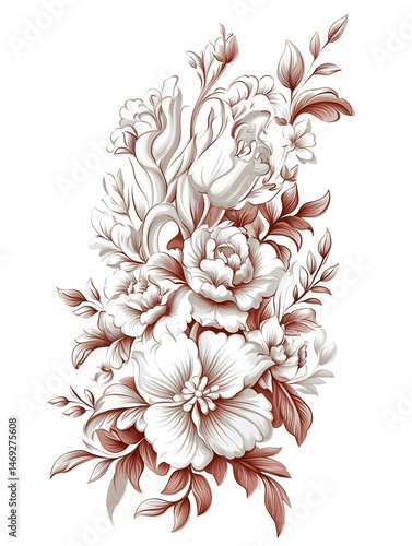 A delicate bouquet of white flowers with brown stems and leaves, arranged in a stylized manner