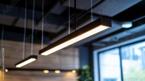 Modern minimalist hanging linear lighting fixture in office interior design