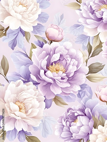 A delicate floral pattern featuring purple and white peonies with soft green leaves on a light pink background