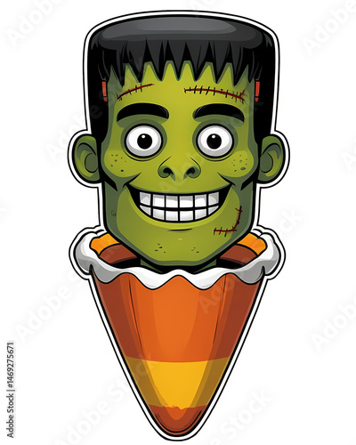 Frankenstein cartoon head popping out of a candy corn, stitched smile, big square teeth, childlike horror style Halloween Art