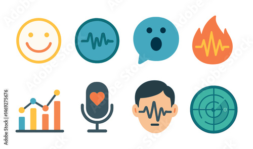 Emotion and technology icons set – flat, filled, mood and analytics symbols