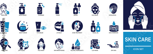 Skin care icon set. skin care, beauty, face mask, moisturizer, facial, cream, cleanser, spa, self-care, skincare routine