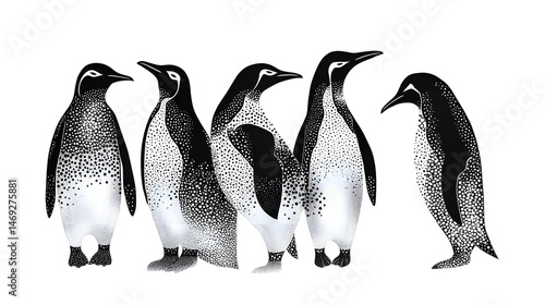 Penguin Family in Dotted Lines: A group of penguins standing together, their forms subtly outlined by a series of black and white dots and lines. 
 photo