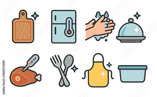 Kitchen and cooking flat icons set – culinary, meal prep, utensils and hygiene symbols