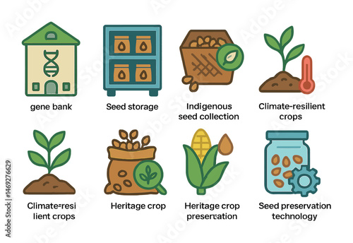 Agriculture flat icons set – organic, farming, seed preservation visuals