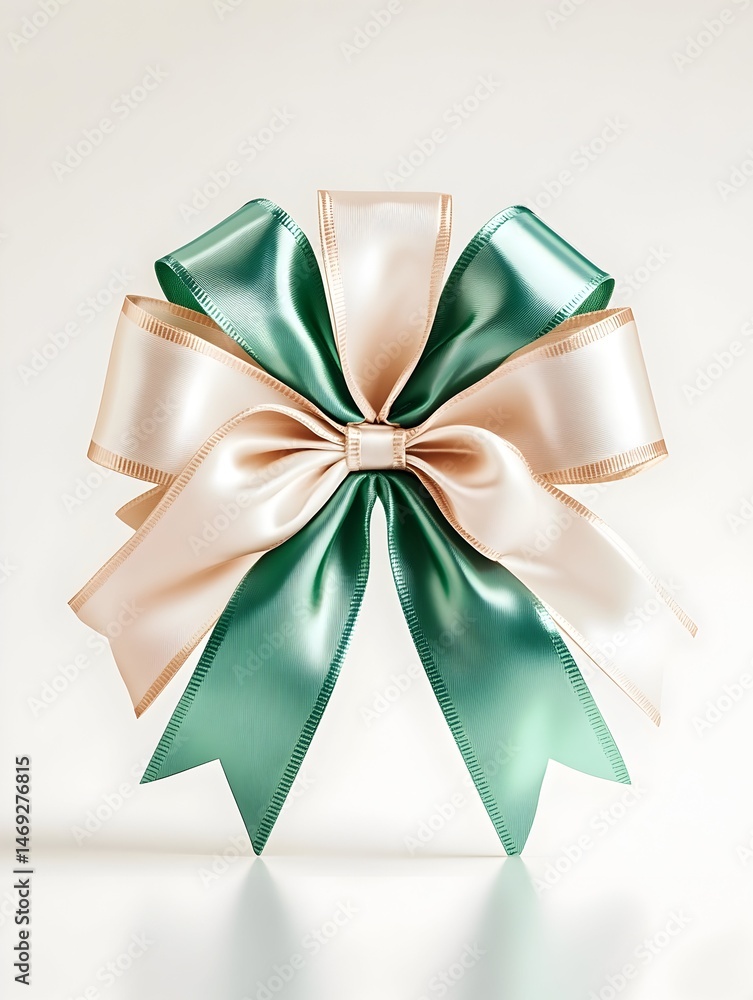 Naklejka premium A green and cream satin ribbon bow against a white background