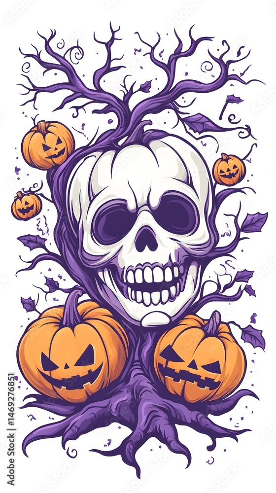 A grinning skull nestled in a spooky, purple tree, surrounded by grinning pumpkins A grinning skull nestled in a spooky, purple tree, surrounded by grinning pumpkins