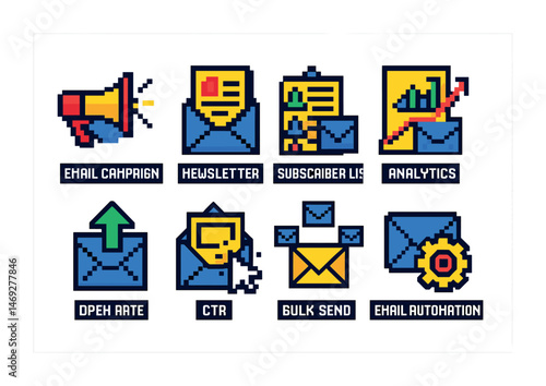 Email marketing pixel art icons set – outline, solid, newsletter, analytics symbols