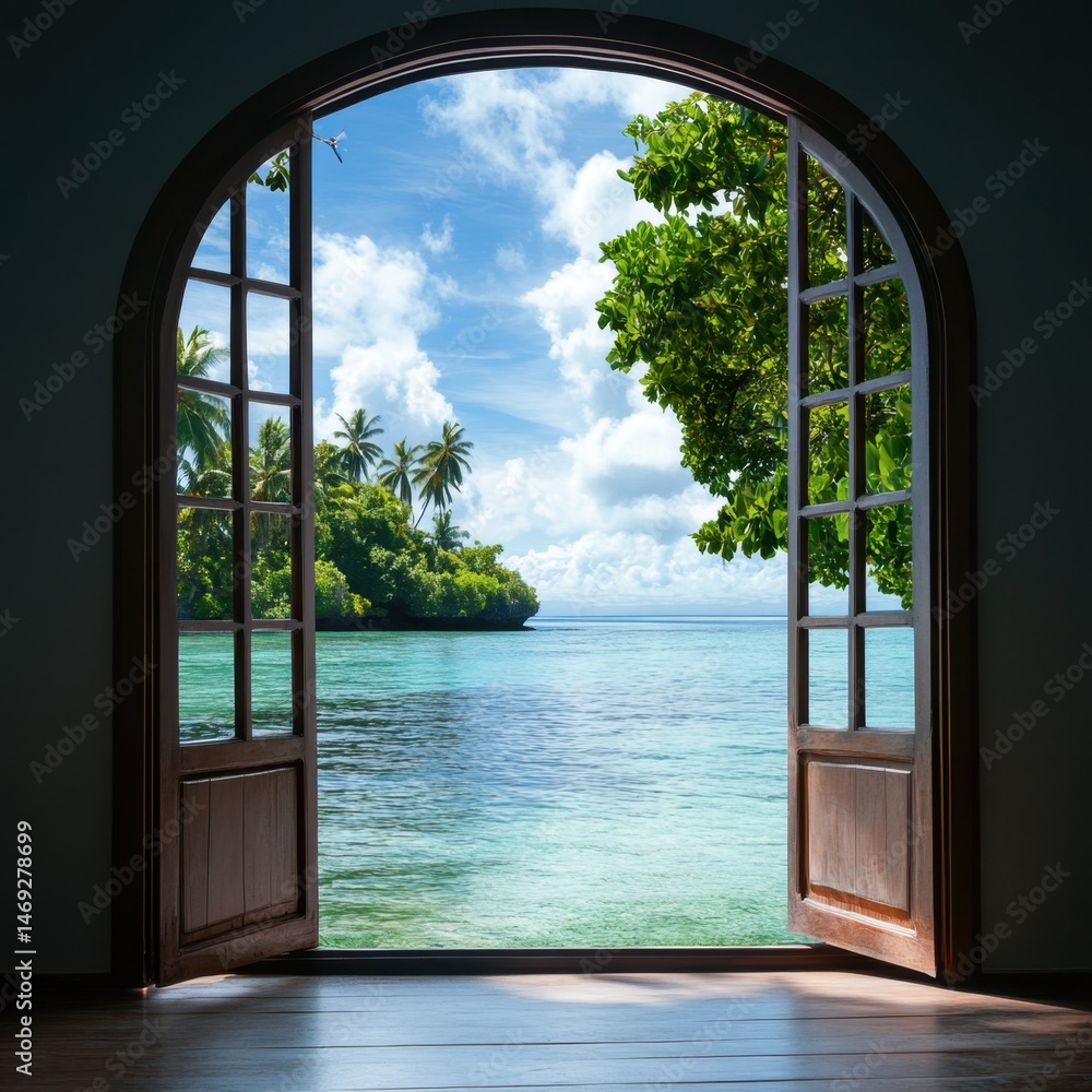 Fototapeta premium Tropical Island View Through Open Window