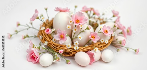 Delicate pink & white flower-adorned Easter eggs nestled amongst smaller eggs on a pristine white background, white, egg decoration