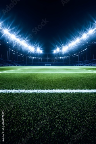 A nighttime view of a soccer field illuminated by bright lights