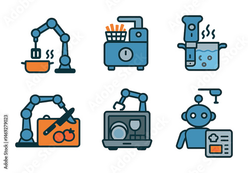 Automation and cooking icons set – flat, digital kitchen and robot assistant symbols