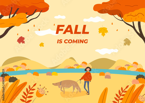 Fall is coming. Autumn shopping event illustration. Banner. Vector. Landscape with women and cute dog. 