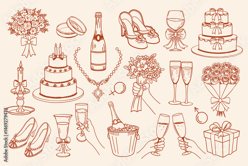 Wedding celebration elements collection. Hand drawn doodle icons of champagne, cake, gifts and flower bouquets. Vintage illustrations for wedding invitations. Sketch.