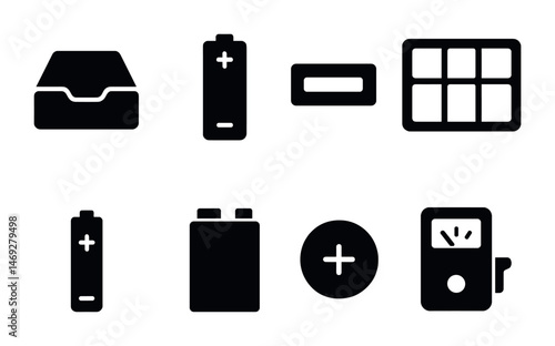 Battery and energy solid icons set – silhouette, power, charging and device symbols