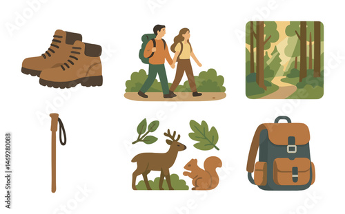 Outdoor adventure icons set – flat, nature, hiking and exploration graphics