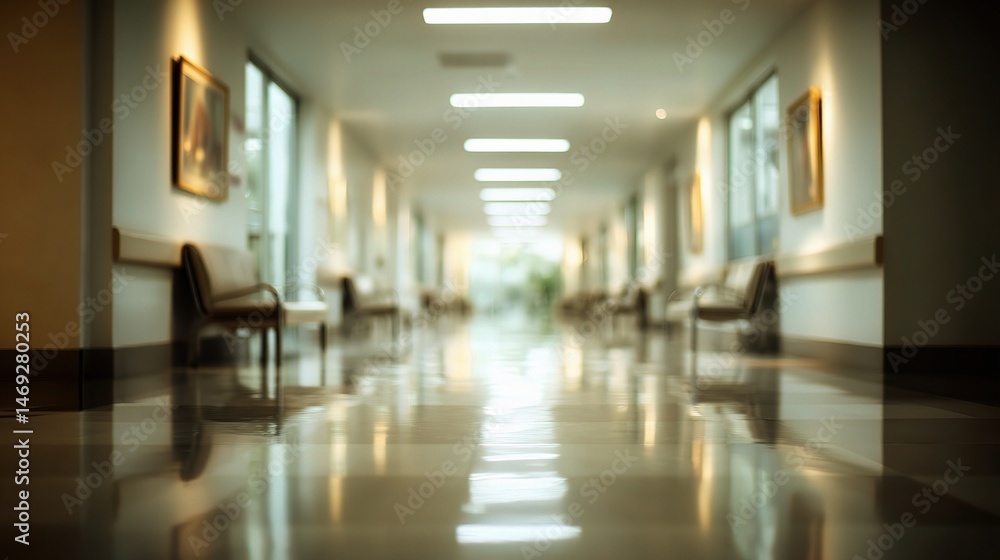 Blurred Interior View of a Hospital Corridor with Natural Light Blurred Interior View of a Hospital Corridor with Natural Light