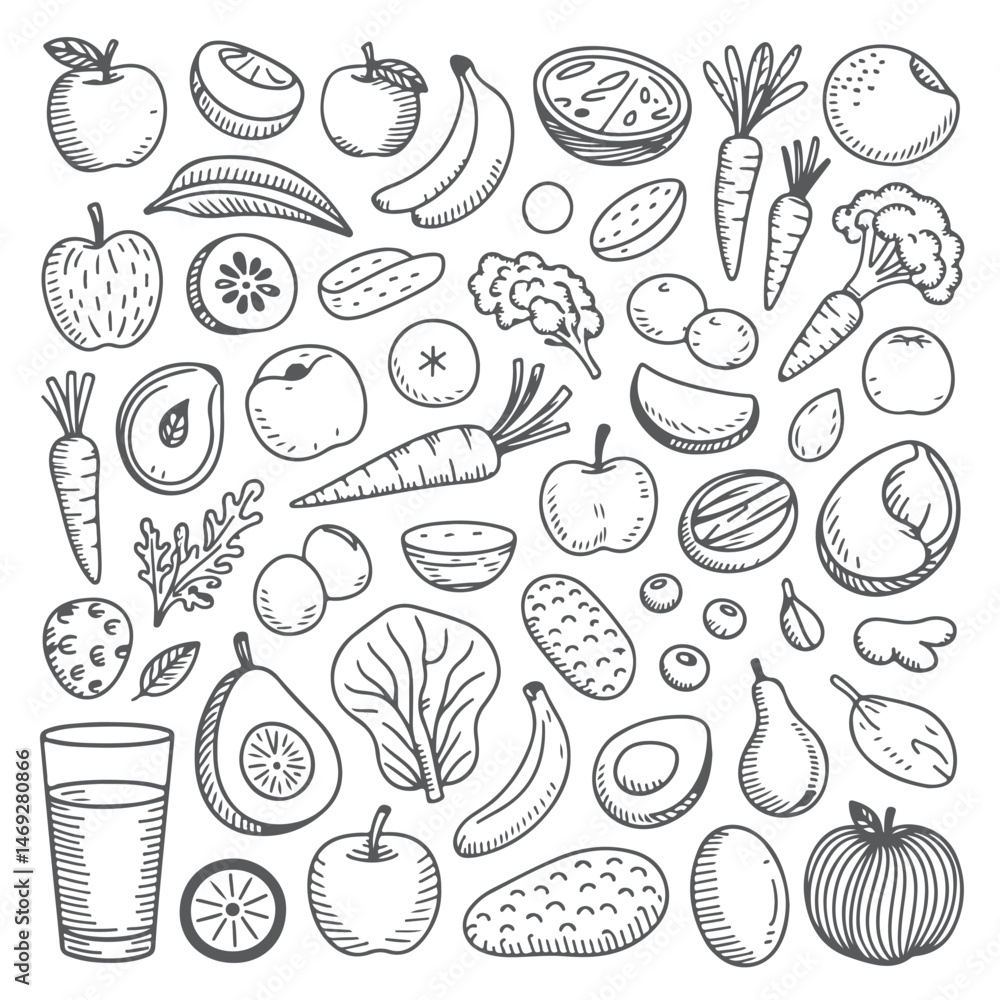 Set of nutrition doodle on white background. Hand drawn abstract doodle isolated on white background. Set of nutrition doodle on white background. Hand drawn abstract doodle isolated on white background.