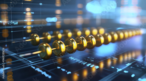 Close up view of digital abacus with golden beads, set against futuristic background of glowing lines and data. image conveys