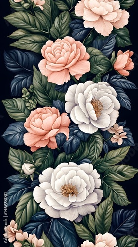 A vertical floral pattern with pink and white roses with green leaves on a dark background
