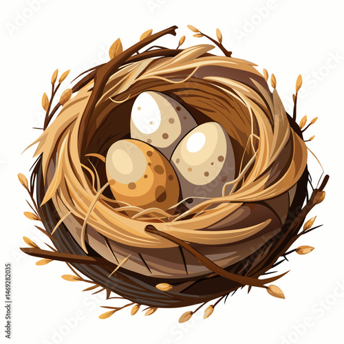 Three speckled bird eggs nestled in a cozy woven nest with twigs and budding branches