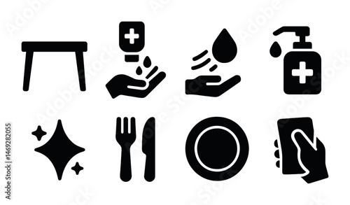 Cleaning and sanitation solid icons set – flat, hygiene, and disinfection symbols
