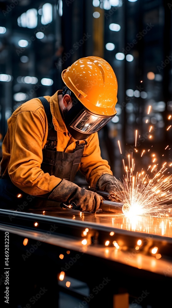 A welder meticulously works on metal, sparks flying A welder meticulously works on metal, sparks flying