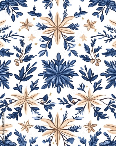 A white background with a repeating pattern of blue and brown snowflakes, leaves, and berries