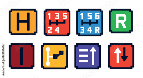 Automotive gear pixel art icons set – transmission, gearbox, vehicle symbols