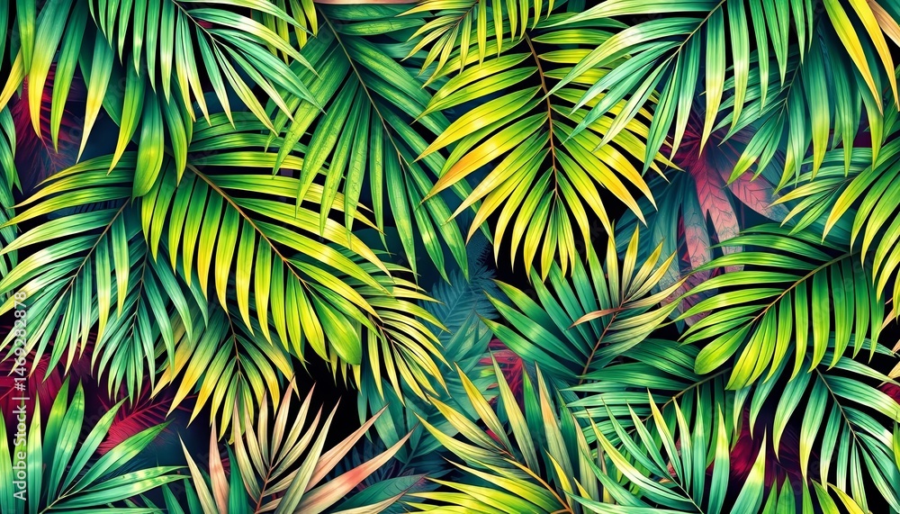 Seamless tropical palm leaf pattern on watercolor background; artistic jungle print, print, nature Seamless tropical palm leaf pattern on watercolor background; artistic jungle print, print, nature