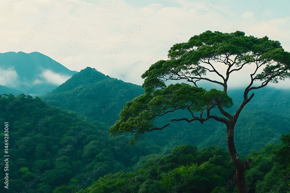 Obraz premium Majestic Tree Stands Tall Over Lush Green Mountain Landscape A Serene View of Nature's Beauty