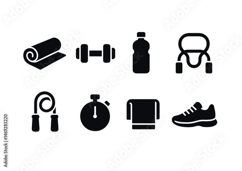 Fitness and workout filled icons set – gym, solid, exercise and training symbols