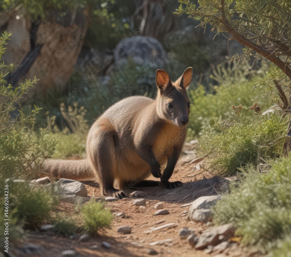 Naklejka premium Rock wallaby grazing amongst sparse vegetation, mammal, vegetation, wildness