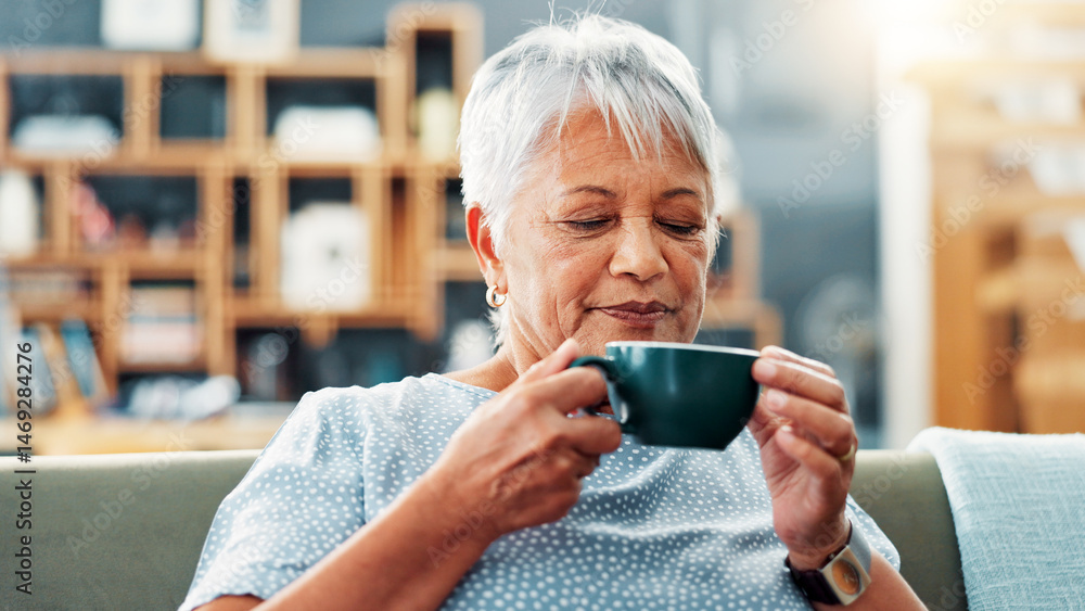 Relax, drinking and senior woman with coffee on sofa for calm, peace and morning routine. Happy, cappuccino and elderly female person enjoying cup of tea on couch in living room at retirement home. Relax, drinking and senior woman with coffee on sofa for calm, peace and morning routine. Happy, cappuccino and elderly female person enjoying cup of tea on couch in living room at retirement home.