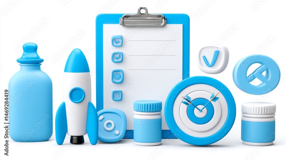 Planning Successful Product Launch - 3D render of checklist, rocket, target and pills, symbolizing a strategic product launch plan Planning Successful Product Launch - 3D render of checklist, rocket, target and pills, symbolizing a strategic product launch plan