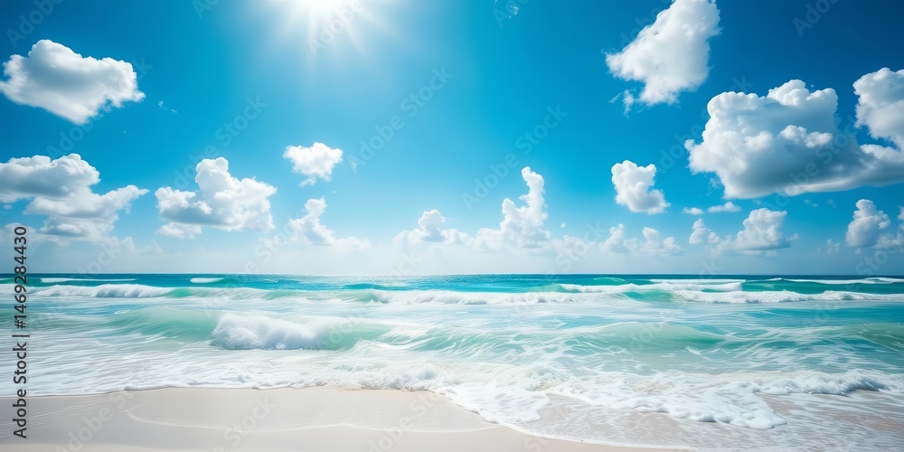 Obraz premium Sun-drenched beach, turquoise waves crashing on white sand under a bright blue sky with fluffy clouds, calm, exterior