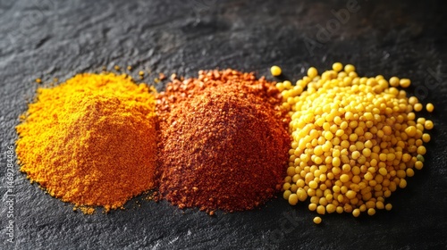 Fototapeta Naklejka Na Ścianę i Meble -  Colorful spice blends arranged on a dark surface.