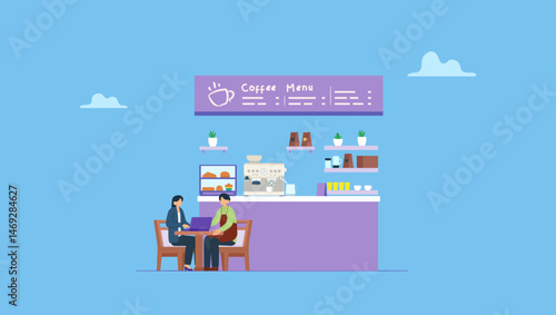 Vector illustration of collaboration between investors, financiers and potential small business owners discussing in front of a laptop.