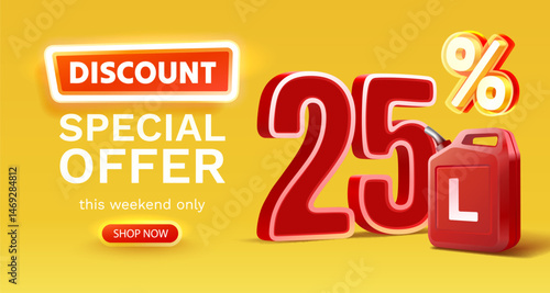 Discount on a canister of gasoline liters, 25 percent discount on liters. Vector illustration