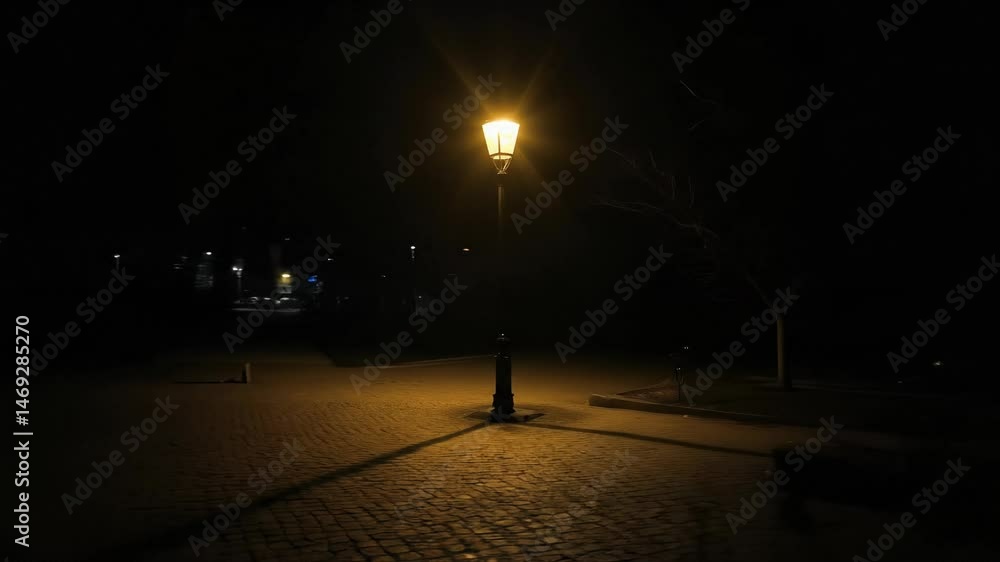 Street lamp illuminates empty cobblestone path on a quiet night